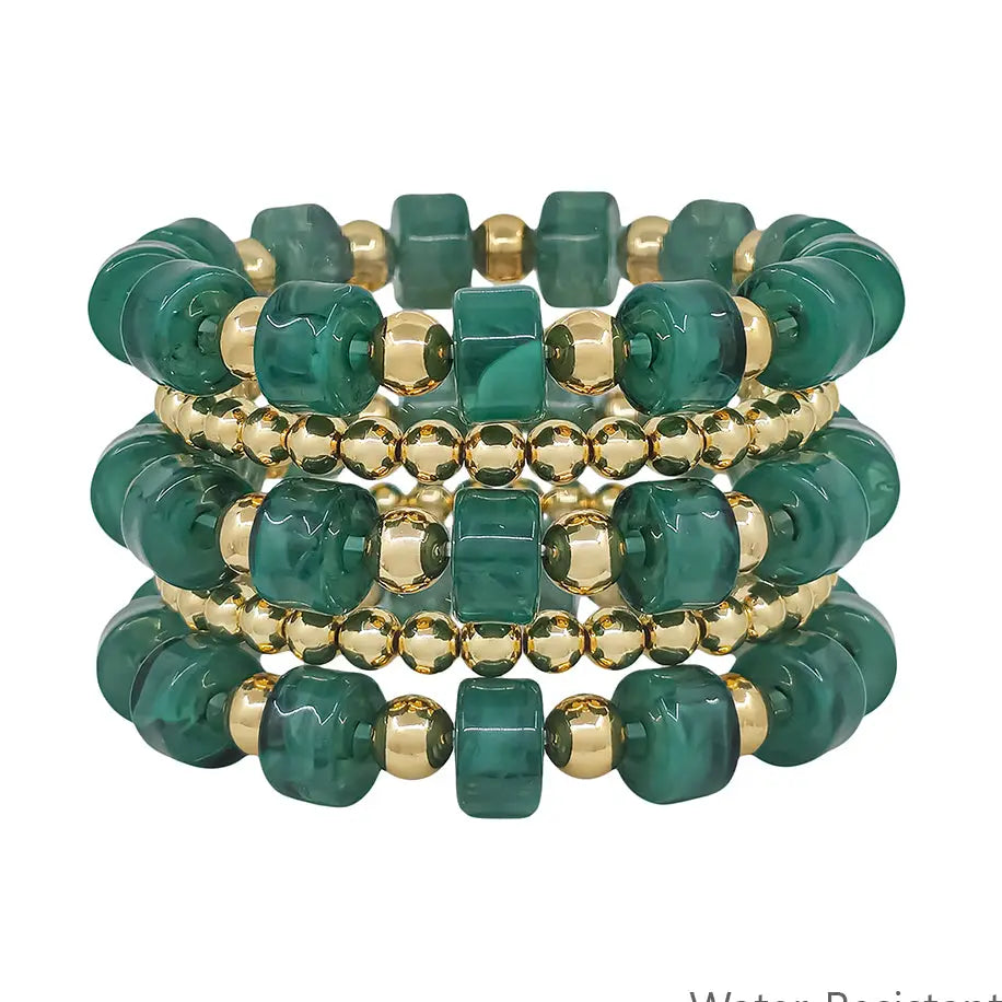 Dark Green and Gold Oval Chunky Beaded Set of 5 Stretch Bracelet