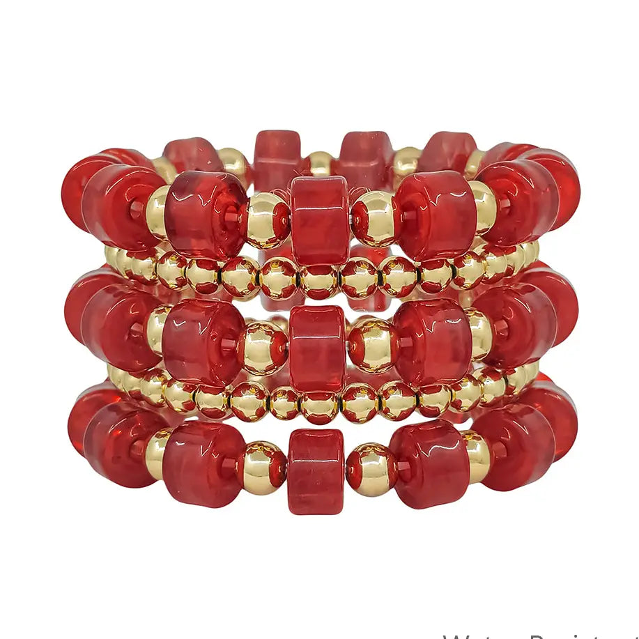 Maroon and Gold Oval Chunky Beaded Set of 5 Stretch Bracelet