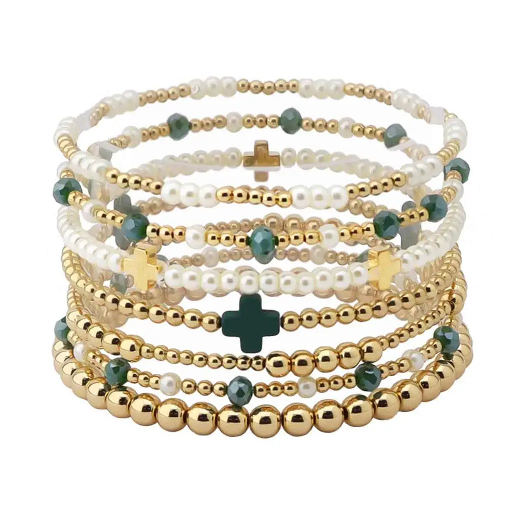 Gold Beaded with Pearl and Green Beaded Set of 7 Stretch Bracelets