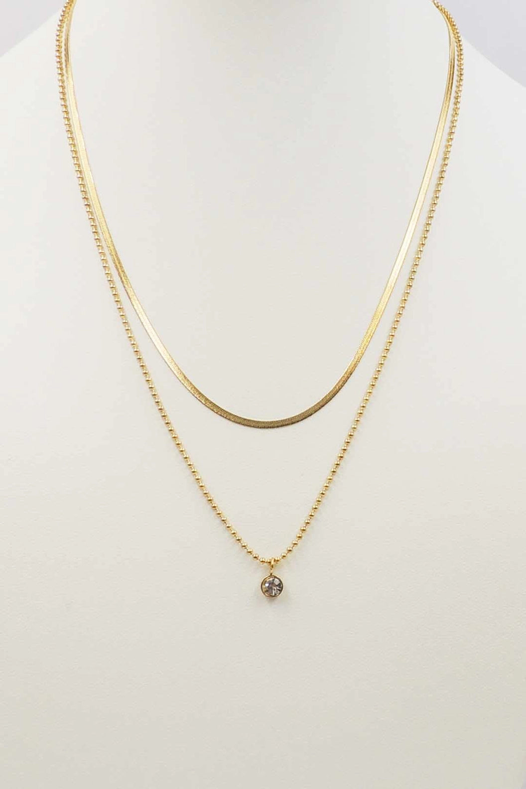 Double Layered Gold Chain with Crystal Drop 16"-18" Necklace-dainty