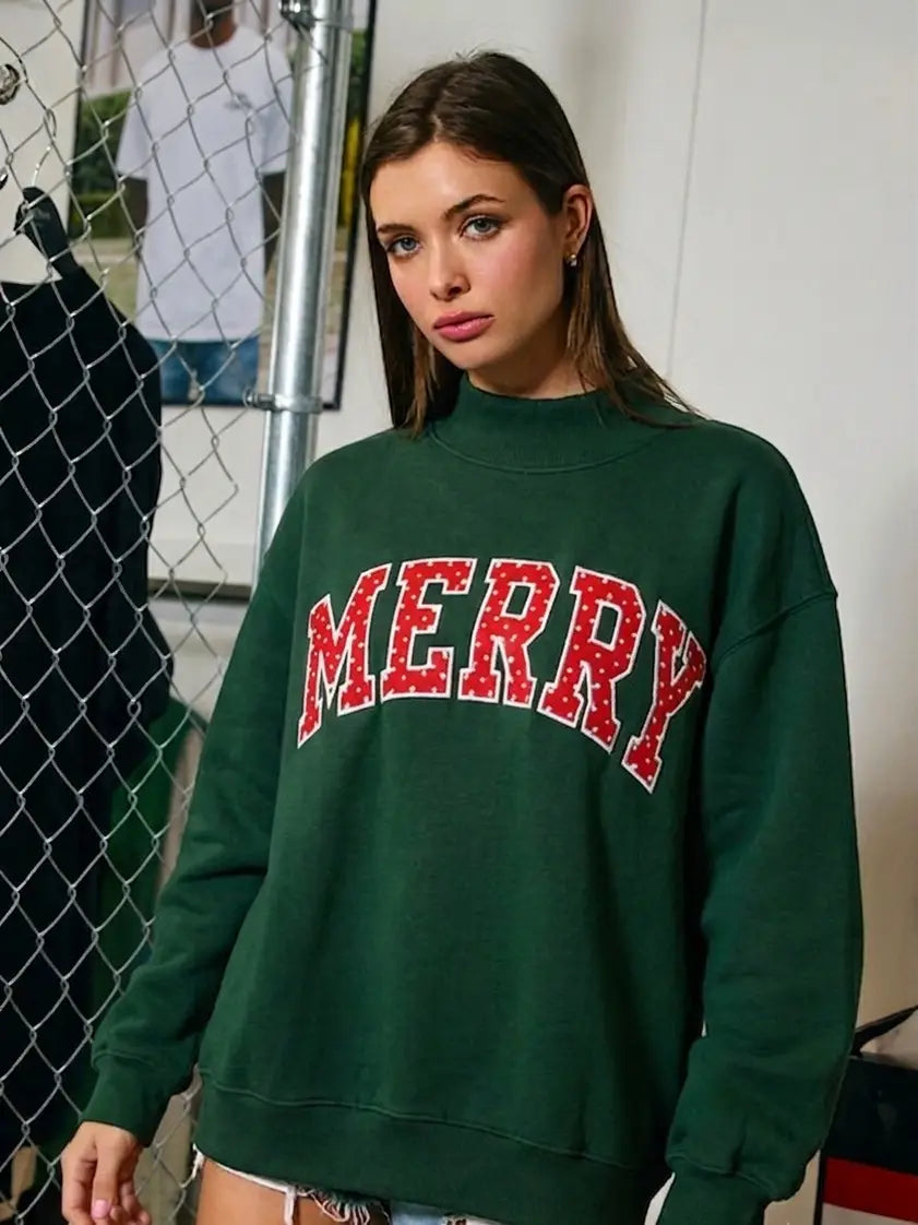 merry' Polka-Dot Mock-Neck Sweatshirt-Hunter green