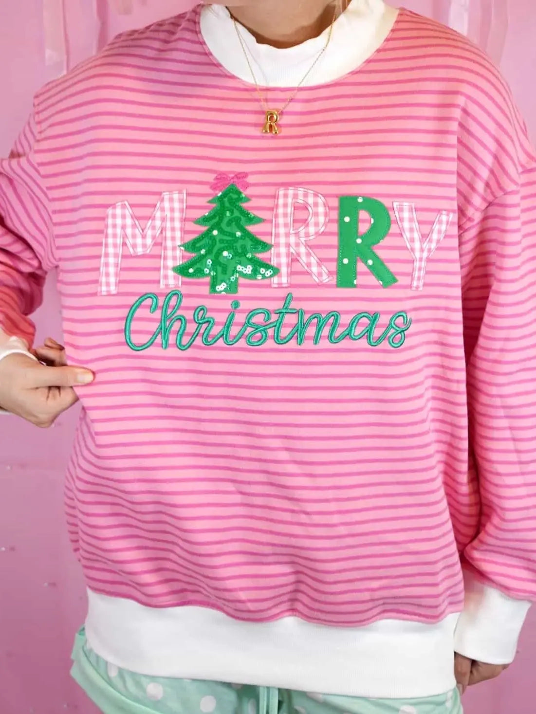 Merry Christmas” Striped Mockneck w/ Sequin Appliqué