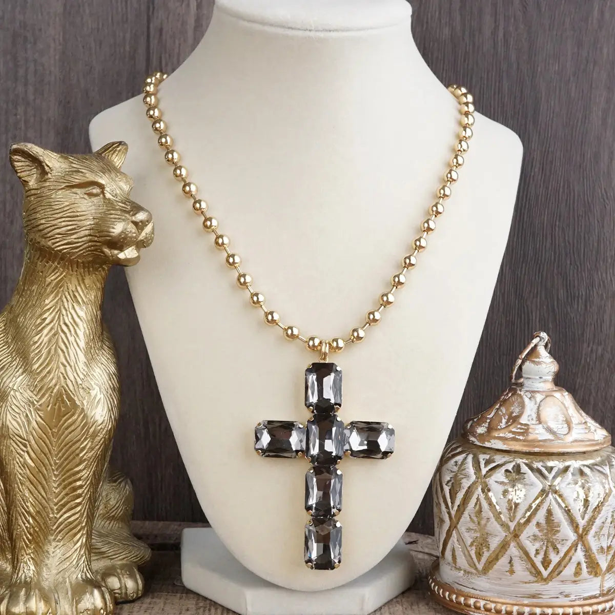 Gold Ball Chain Crystal Cross Necklace – Smoky Jewel Pendant