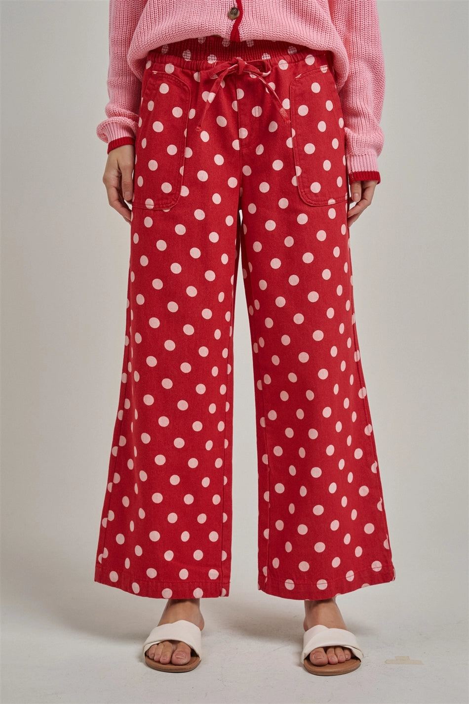 Red polka dot drawstring pants