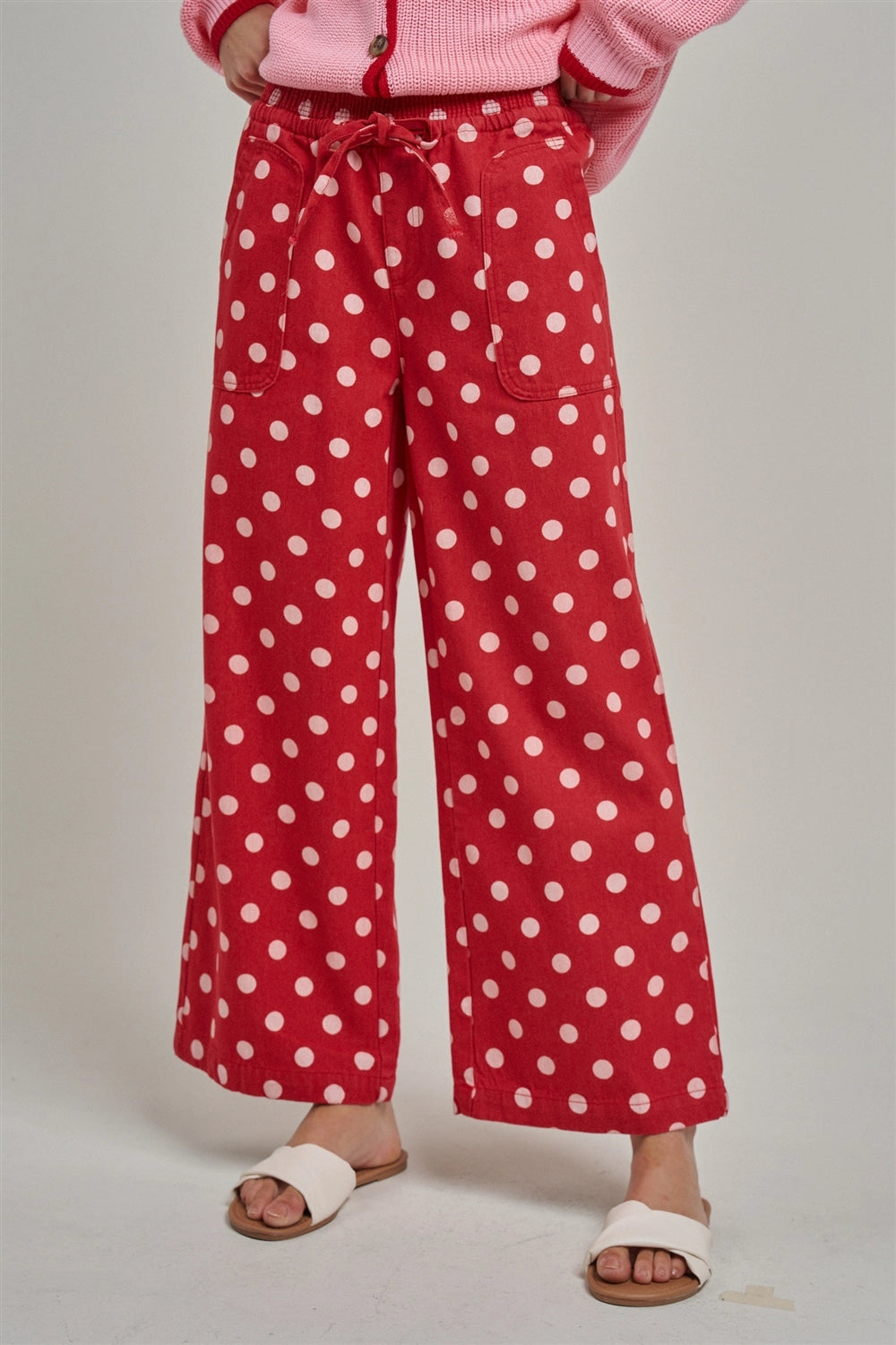 Red polka dot drawstring pants
