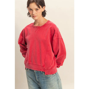 Red Oversized Crew Neck Sweatshirt with Raw Hem