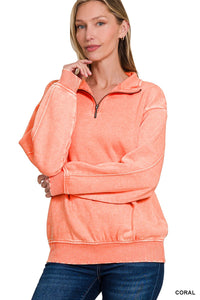 Coral Acid Wash Fleece Half Zip Pullover