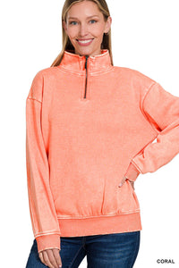 Coral Acid Wash Fleece Half Zip Pullover