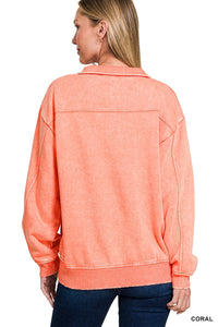 Coral Acid Wash Fleece Half Zip Pullover