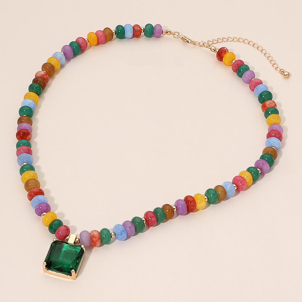 Square Gem Pendant Accent Beaded Statement Necklace