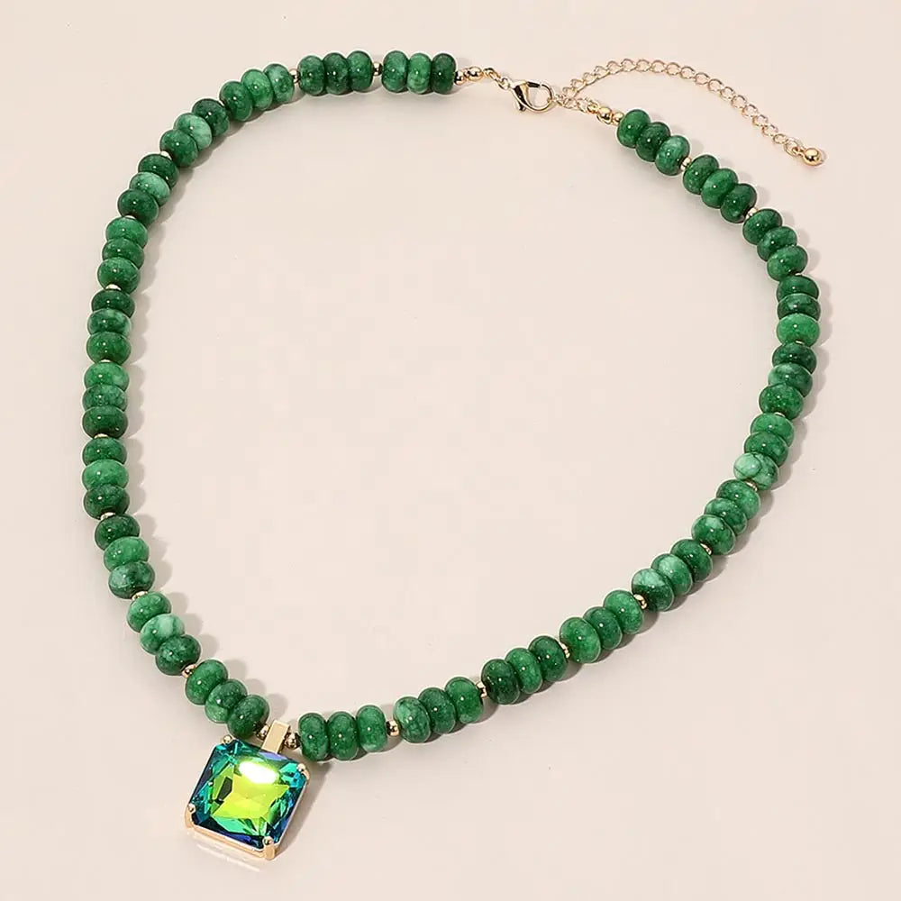 Square Gem Pendant Accent Beaded Statement Necklace