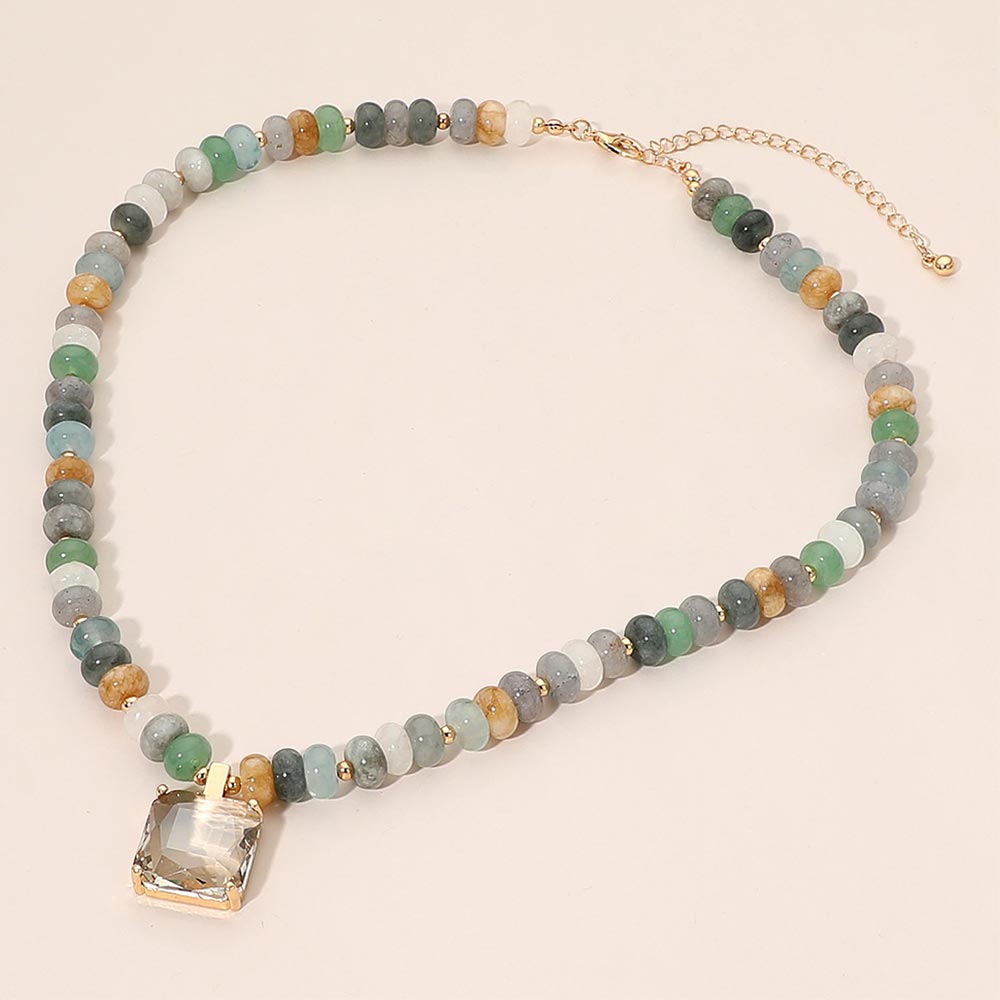 Square Gem Pendant Accent Beaded Statement Necklace
