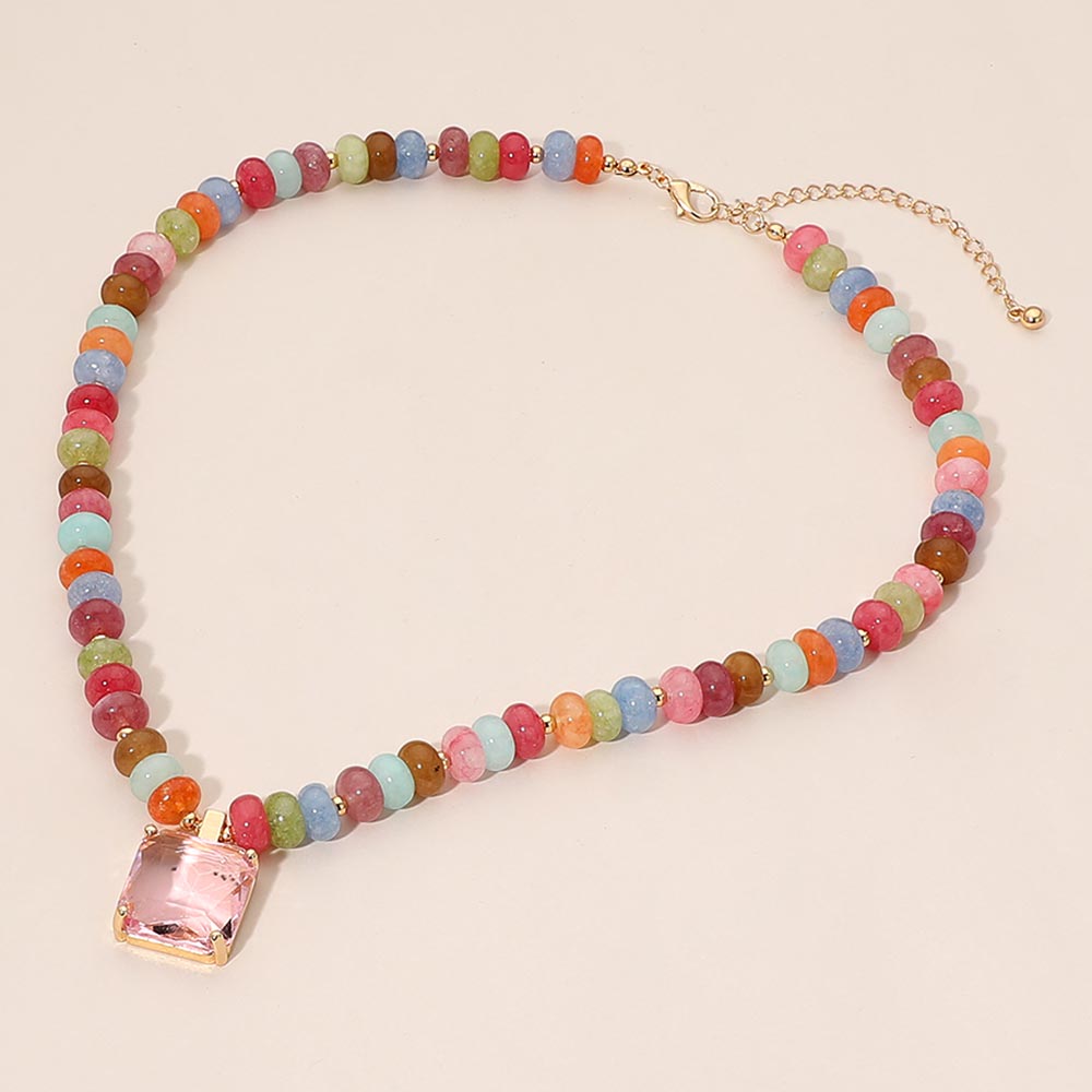 Square Gem Pendant Accent Beaded Statement Necklace