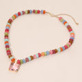 Square Gem Pendant Accent Beaded Statement Necklace