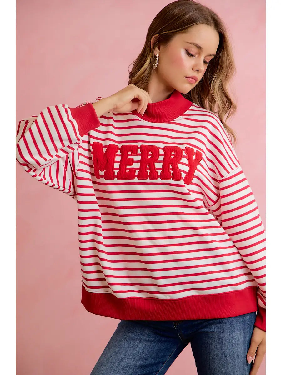 Merry Patchwork Mock Neck Top-stripes -red