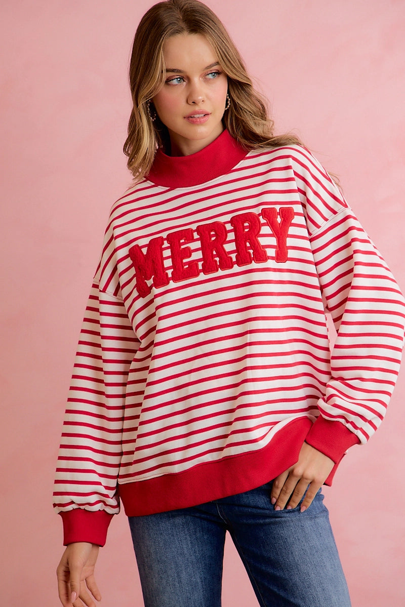 Merry Patchwork Mock Neck Top-stripes -red