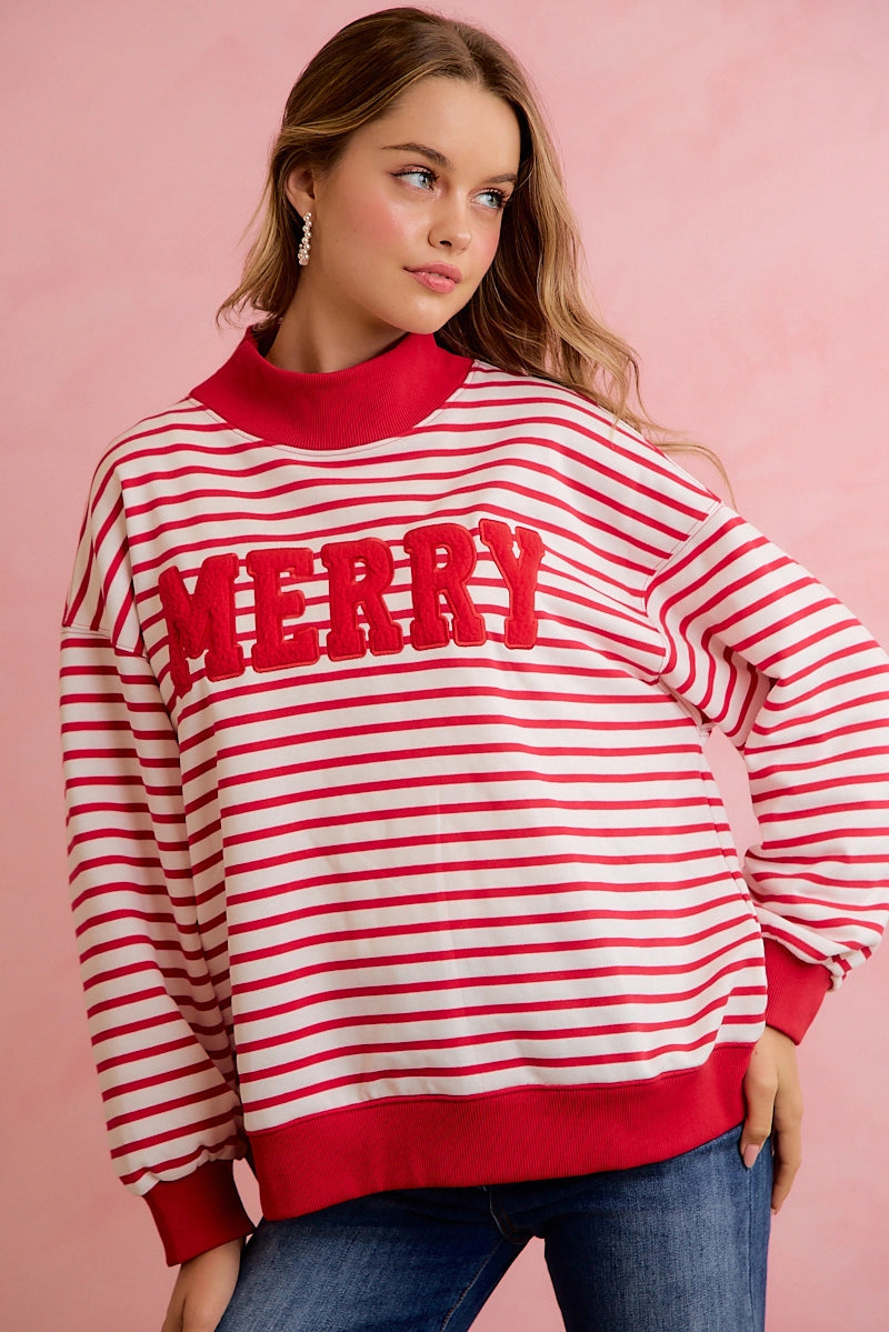 Merry Patchwork Mock Neck Top-stripes -red