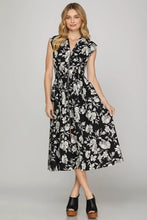 Black & white DROP SHOULDER SMOCKED WAIST FRONT ZIP PRINTED MIDI DRESS WITH POCKETS