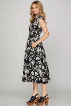 Black & white DROP SHOULDER SMOCKED WAIST FRONT ZIP PRINTED MIDI DRESS WITH POCKETS