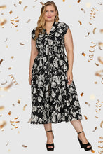Black & white DROP SHOULDER SMOCKED WAIST FRONT ZIP PRINTED MIDI DRESS WITH POCKETS