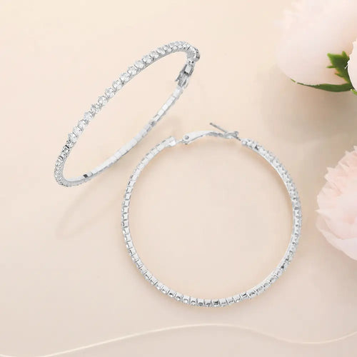 Cz Stone Paved Hoop Earrings-silver