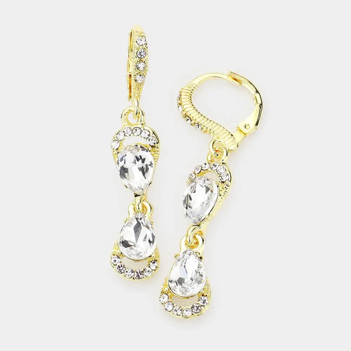 Double Teardrop Stone Link Dangle Lever Back Evening Earrings