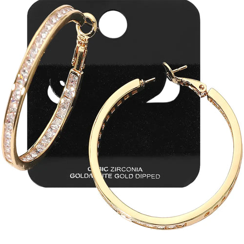 Gold Dipped Cz Stone Channel Hoop Earrings