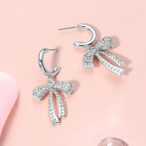 Stone Paved Metal Bow Dangle Mini Hoop Earrings-silver