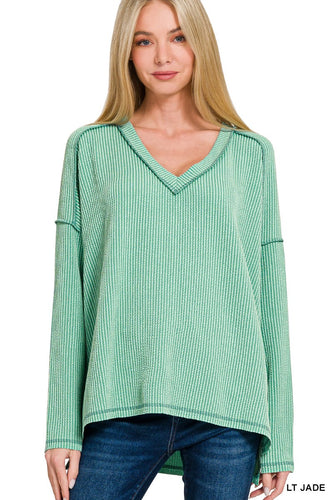 Jade Corded Rib Long Sleeve Hi-low V Neck Top