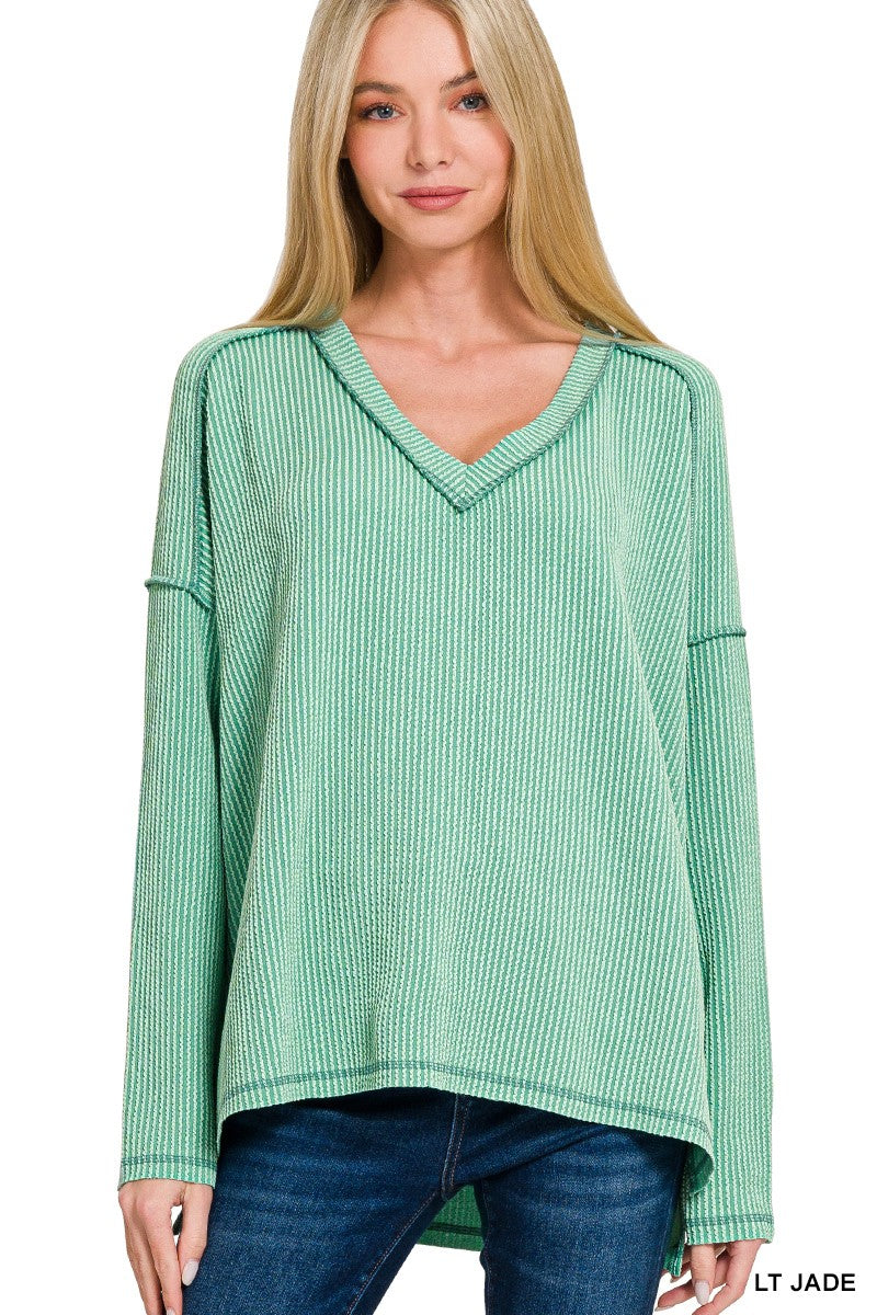 Jade Corded Rib Long Sleeve Hi-low V Neck Top