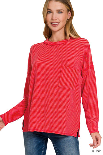 Red with pocket CORDED RIB LONG SLEEVE DROP SHOULDER TOP