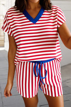 Red/white blue Stripe V Neck Drawstring 2pcs Shorts Set