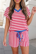 Red/white blue Stripe V Neck Drawstring 2pcs Shorts Set