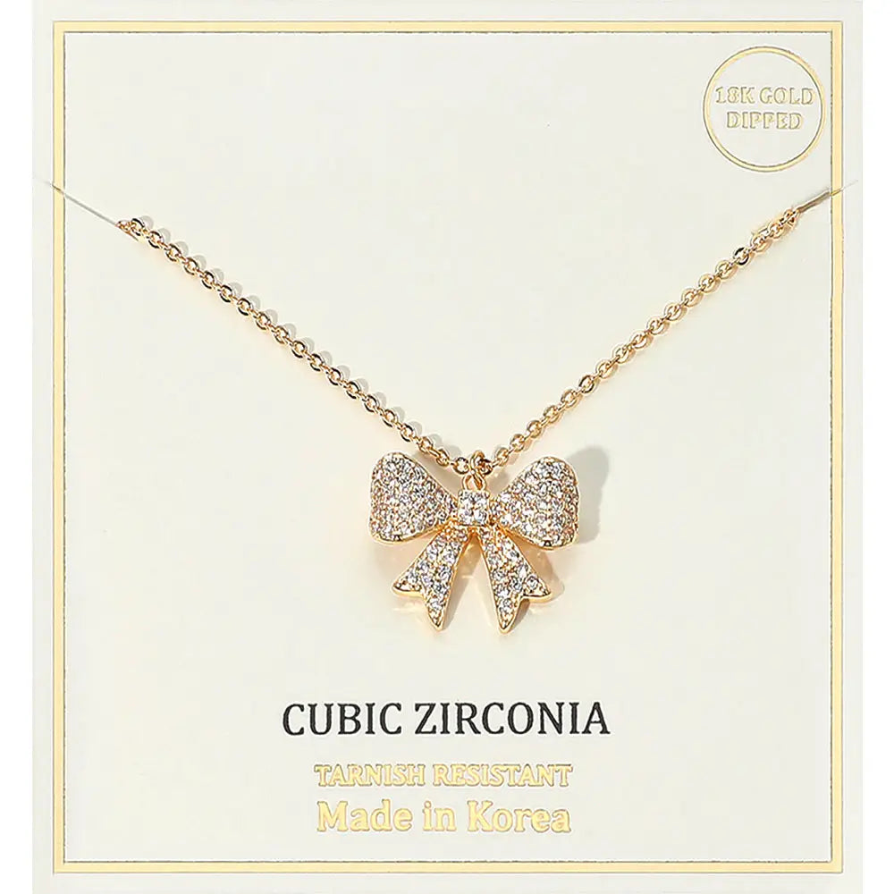 18K Gold Dipped Cz Stone Paved Bow Pendant Necklace