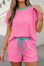 Pink Ribbed Contrast Trim 2pcs Shorts Set