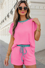 Pink Ribbed Contrast Trim 2pcs Shorts Set