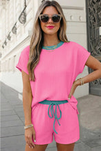 Pink Ribbed Contrast Trim 2pcs Shorts Set