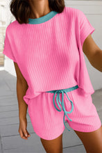 Pink Ribbed Contrast Trim 2pcs Shorts Set