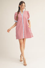 Button Down Stripe Shift Dress-red