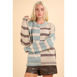 Sage Color Block Oversized Striped Knit Sweater Top