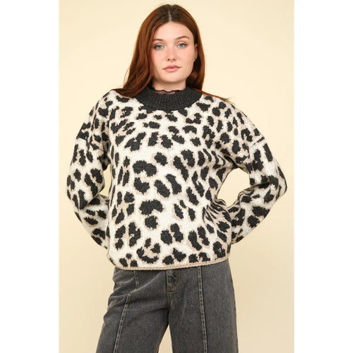 Black Soft Cozy Leopard Graphic Knit Sweater Top