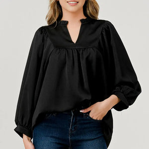 Black Satin Finish Balloon Sleeve Ruffle Collar Top Fern