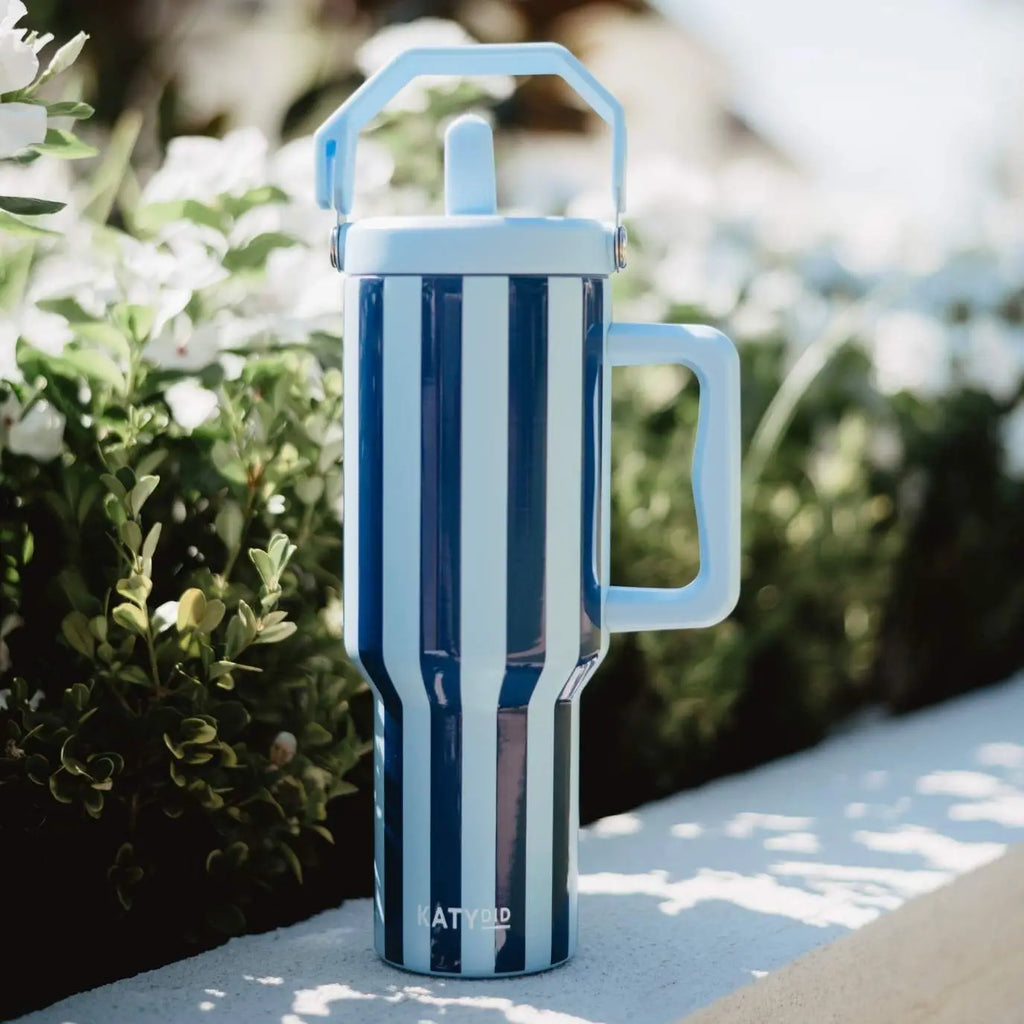Light Blue and Navy Striped 38 oz Cabana Jug Tumbler katydid