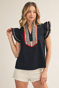 Black Plaid Contrast Accent Solid Woven Top