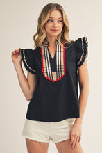 Black Plaid Contrast Accent Solid Woven Top