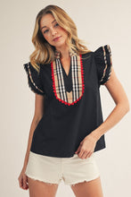 Black Plaid Contrast Accent Solid Woven Top