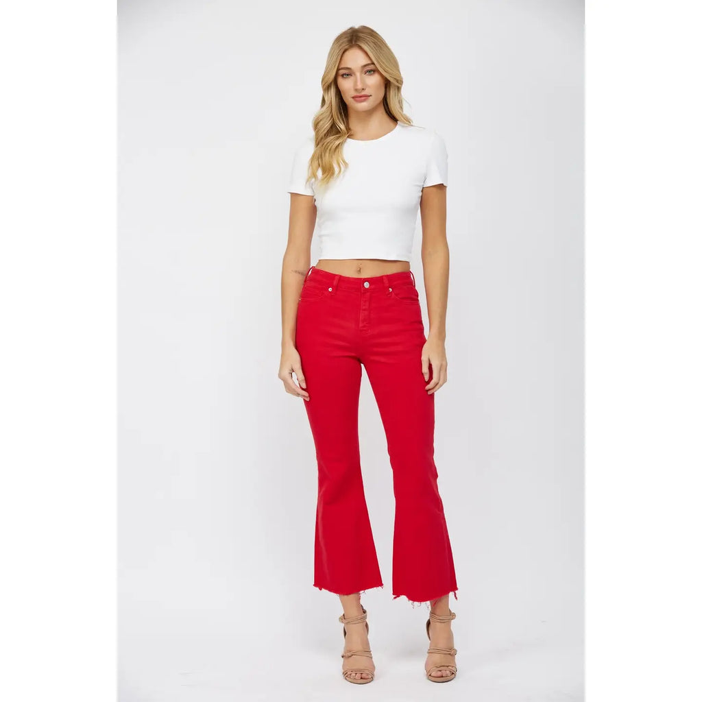 Red High Rise Ankle Flare