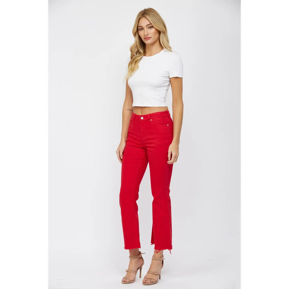 Red High Rise Ankle Flare