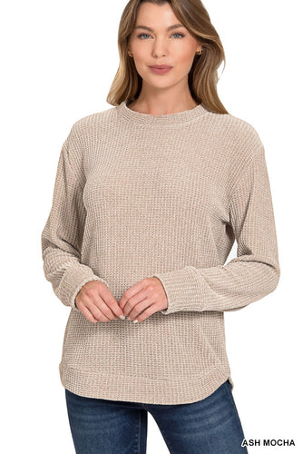 Mocha Chenille Waffle Round Neck Sweater