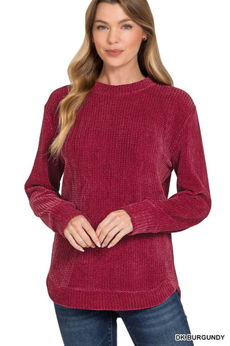 Burgundy Chenille Waffle Round Neck Sweater